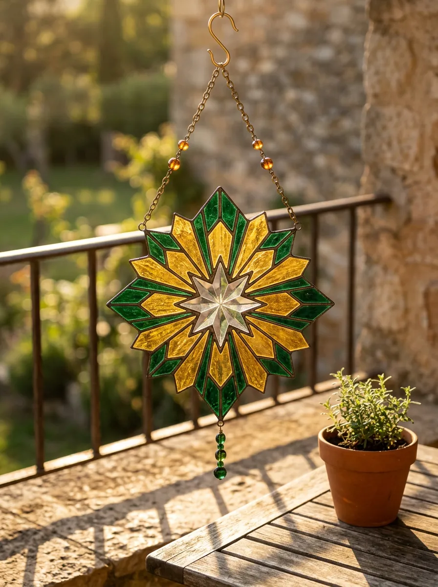Geometric Star Green Yellow Stained Glass Suncatcher