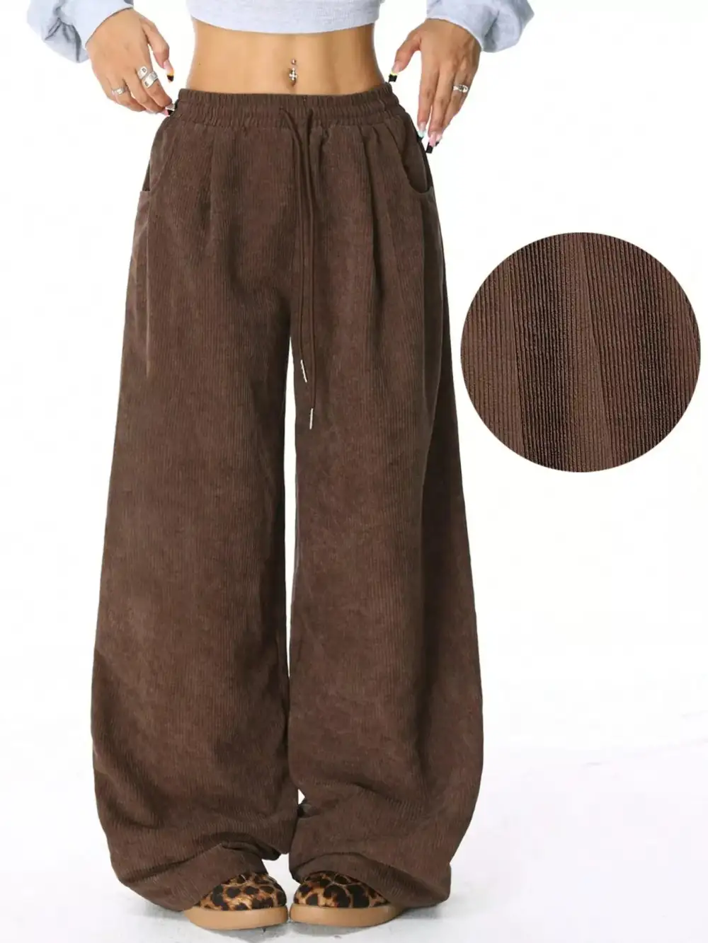 Corduroy Drawstring Relaxed Fit Pocketed Casual Pants