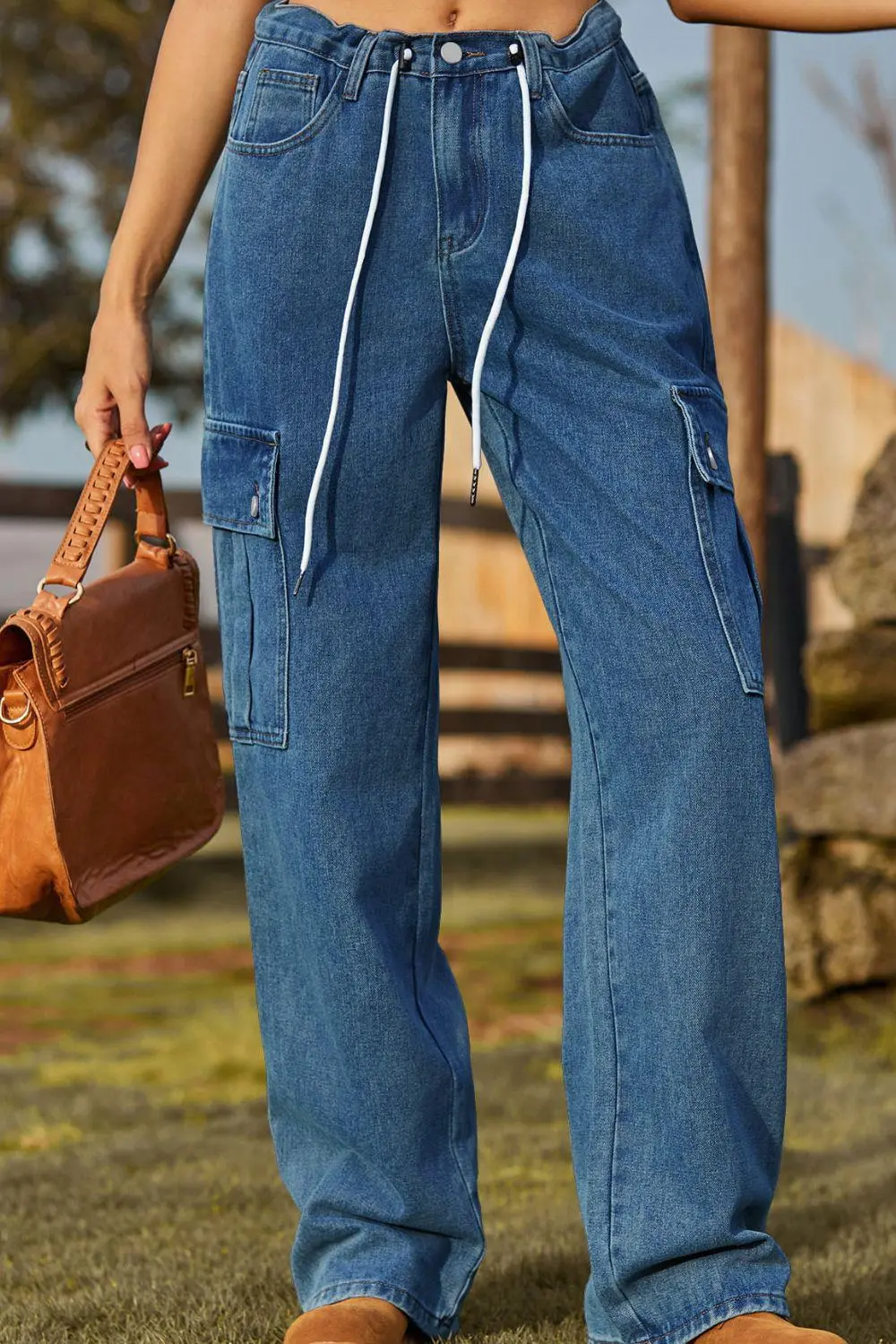 Loose Fit Drawstring Pocket Denim Jeans