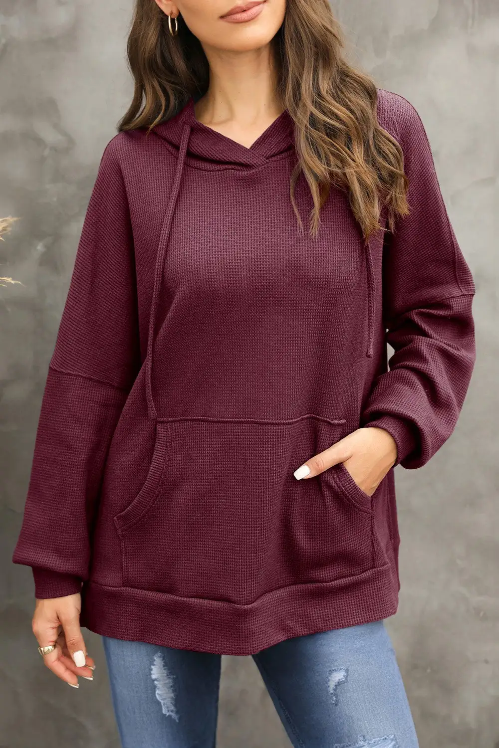Long-Sleeve Waffle-Textured Knit Hoodie