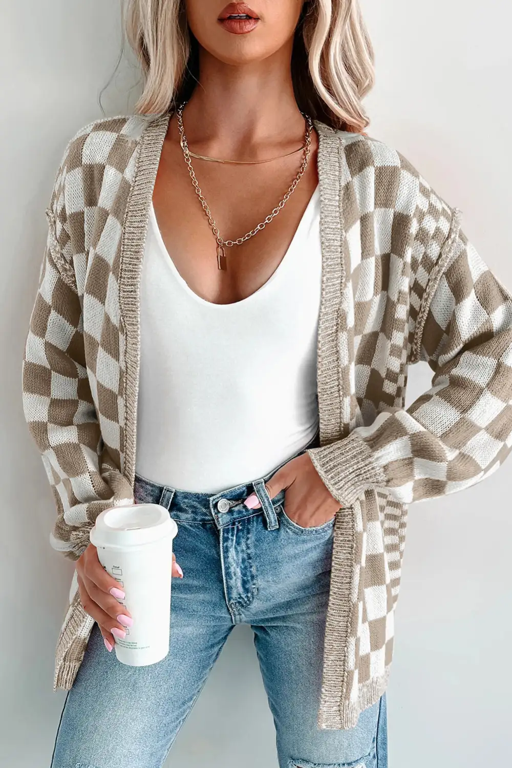 Open-Front Drop-Shoulder Knit Checkered Cardigan