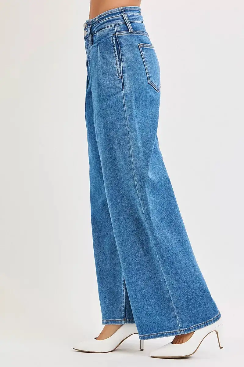 Full Size Mid Rise Fit Wide Leg With Pleated Detail Jeans Plus Size
