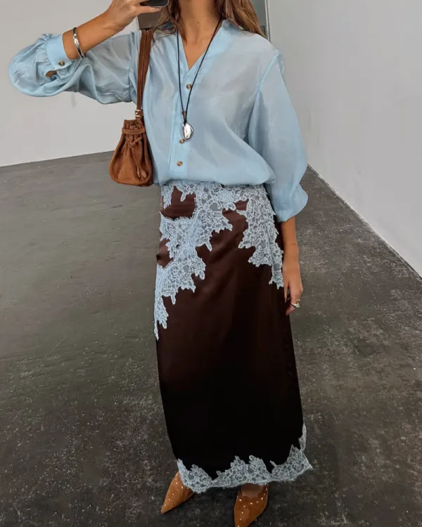 Satin Lace Midi Skirt