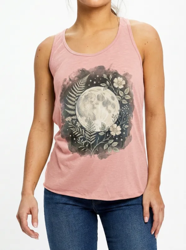 Women's Celestial Moon Floral Fern Printed Tank Top