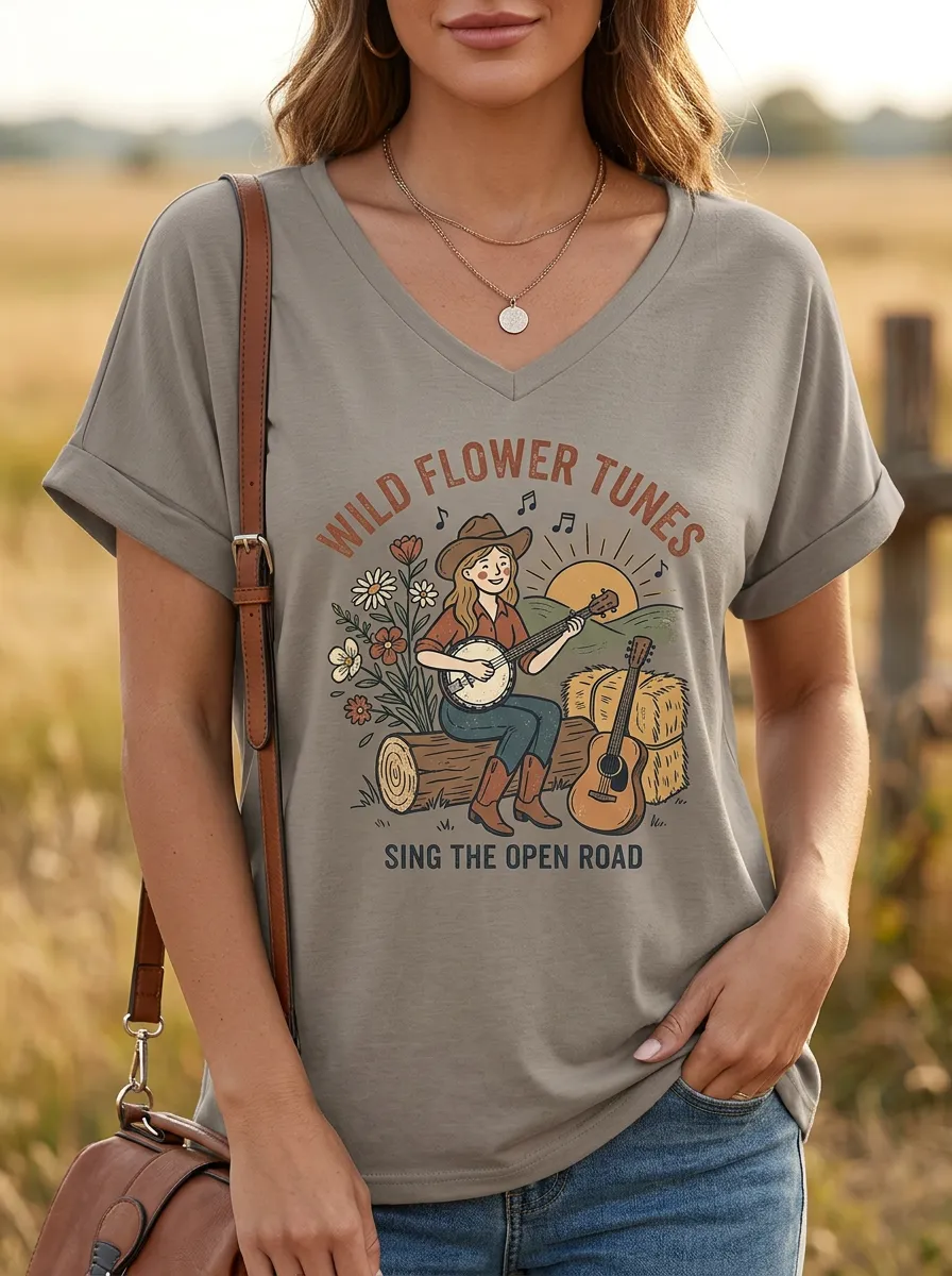 Backroads-Inspired Banjo Custom Country Music V-Neck T-Shirt