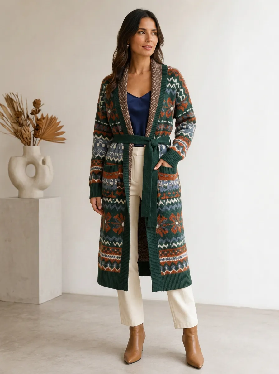 Women's Boho Winter Vintage Fair Isle Pattern Printed Cardigan