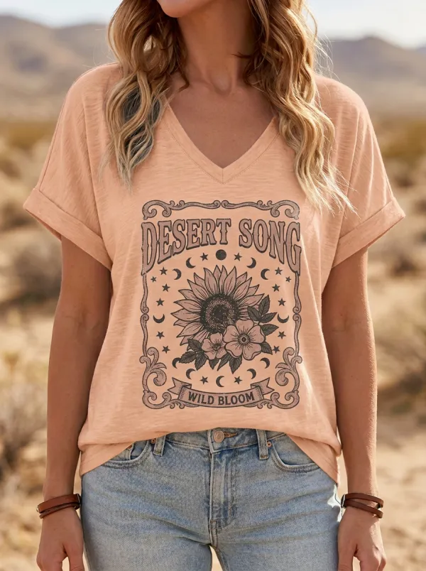 Women's Western Desert Song Sunflower Moon Printed V-Neck T-Shirt