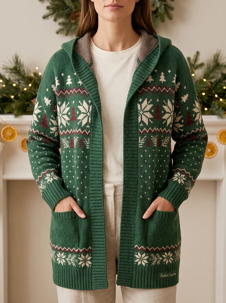 Christmas Holiday Snowflake Tree Pattern Knit Hooded Cardigan