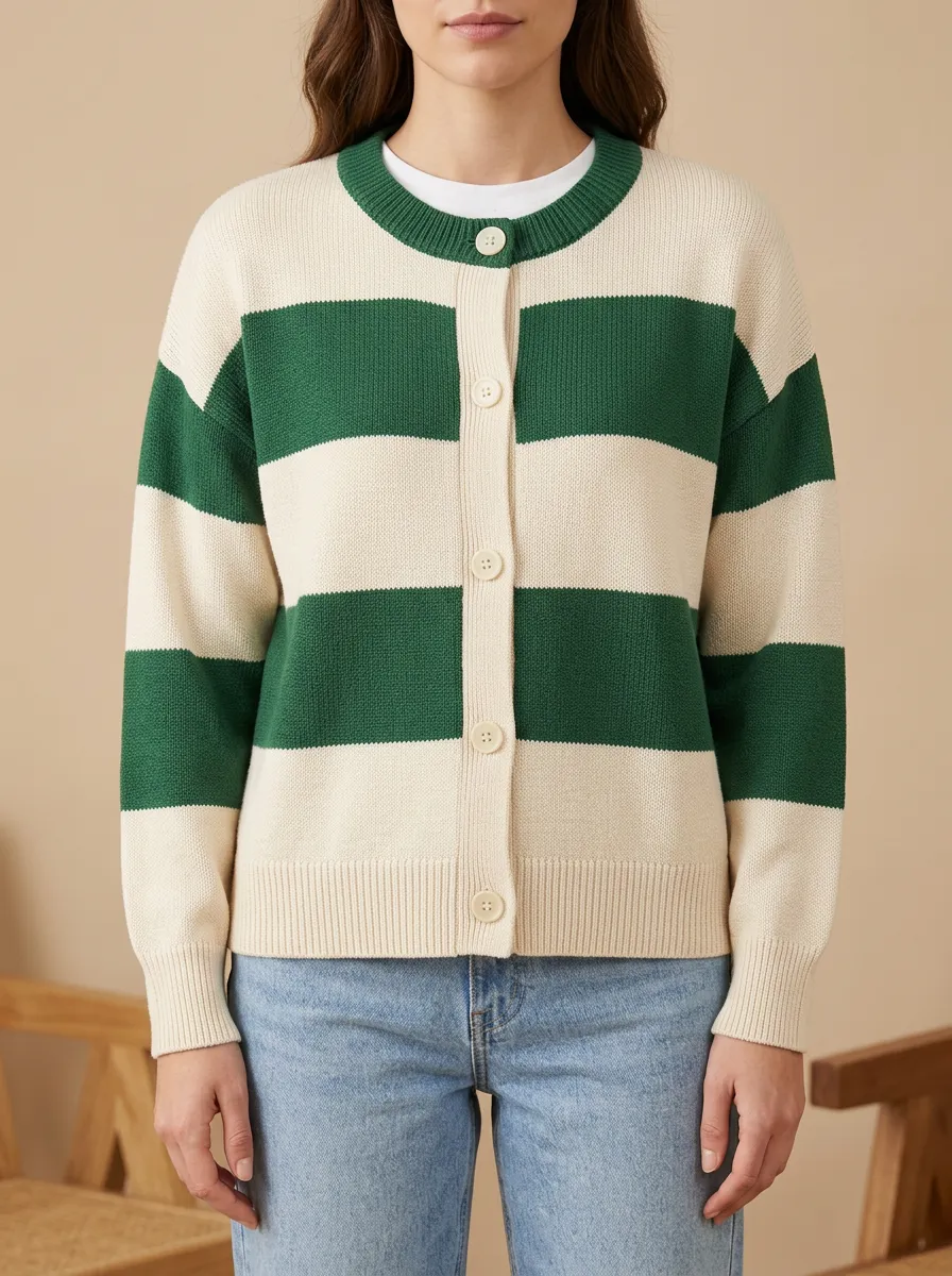 Refined Distinctive Rugby Striped Knit Cardigan