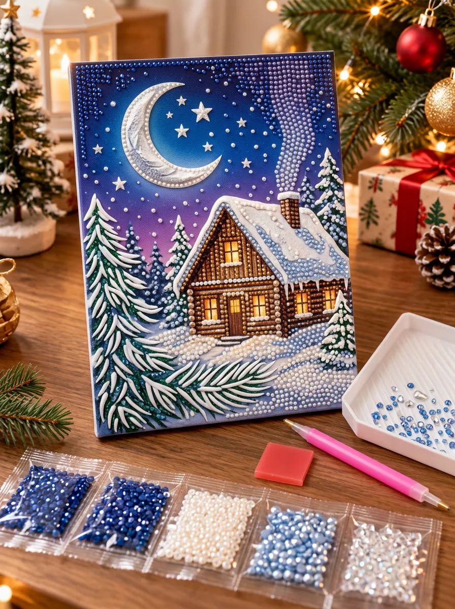 Moonlit Snowy Cabin Christmas DIY Diamond Painting Kit