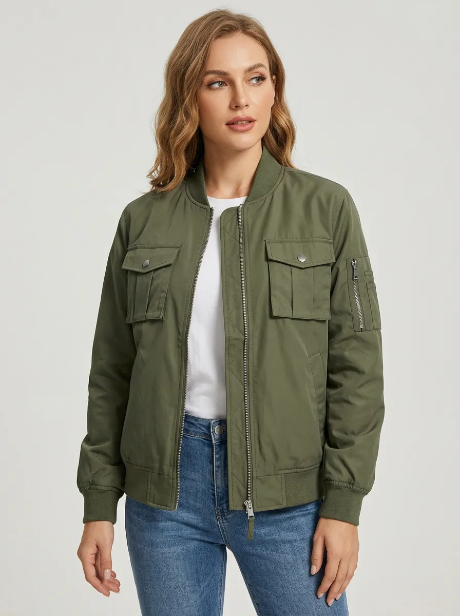 Quilted Bomber Zip-Front Women's Casual Jacket