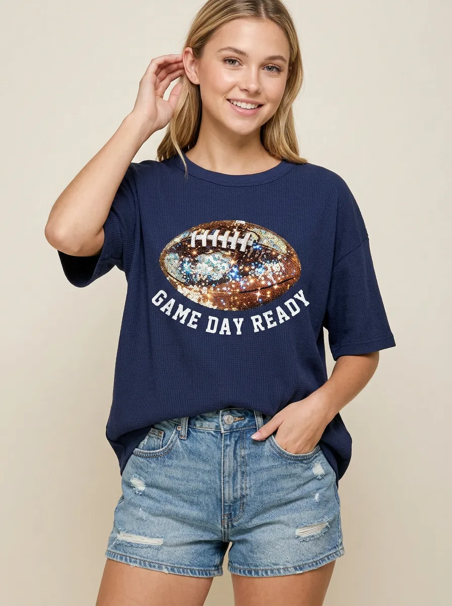 Women's Football Fan Game Day Ready Sequin Printed T-shirt