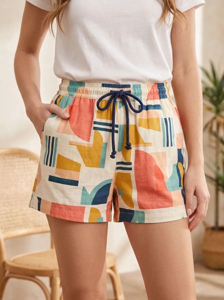 Women's Abstract Geometric Pattern Braided Drawstring Printed Shorts