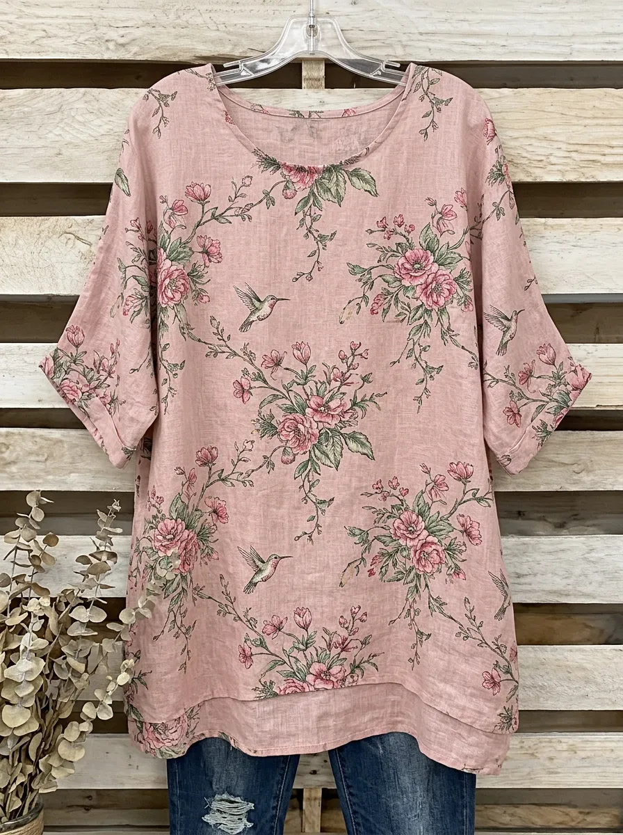 Garden-Inspired Hummingbird Women's Loose Printed T-Shirt