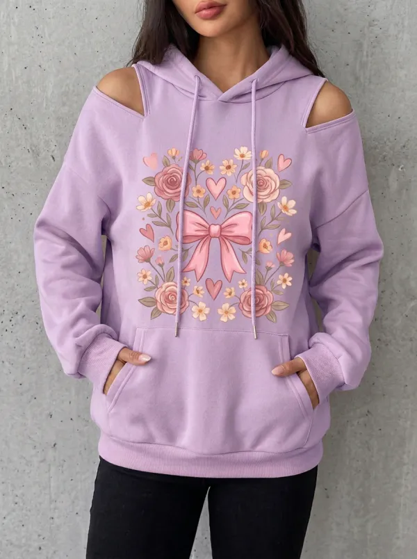 Women's Breast Cancer Awareness Floral Bow Heart Printed Cold Shoulder Hoodie