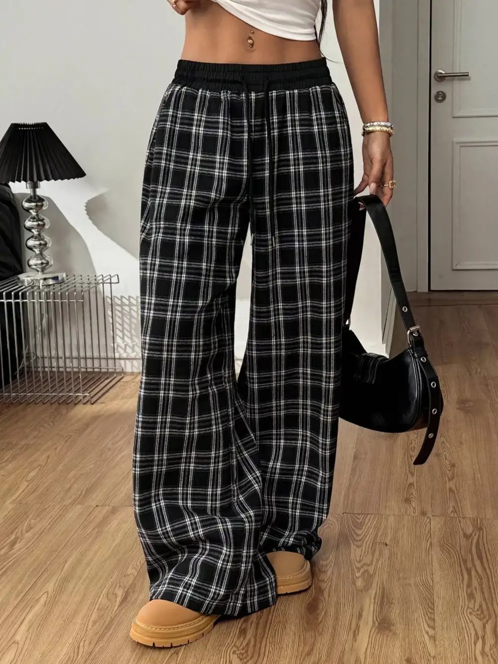 Plaid Wide Leg Pants With Elastic Waistband