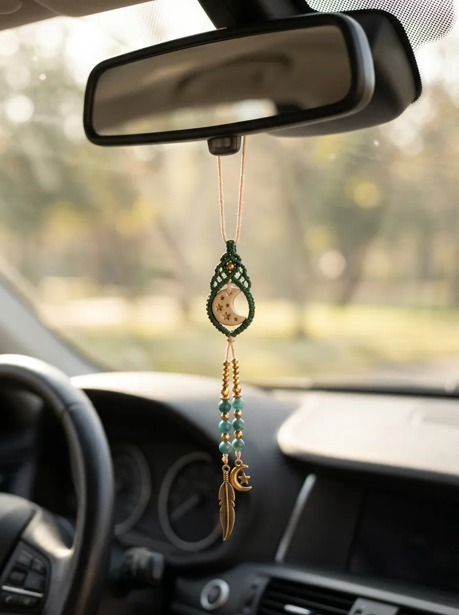 Macrame Moon-Star Feather Rearview Mirror Hanging Ornament