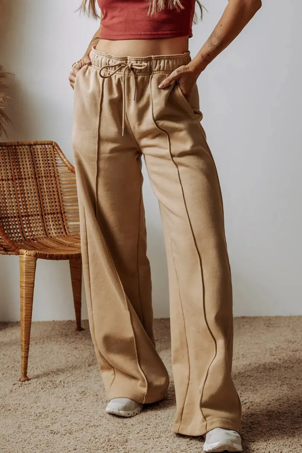 Textured Drawstring Wide Leg Pants With Pocket