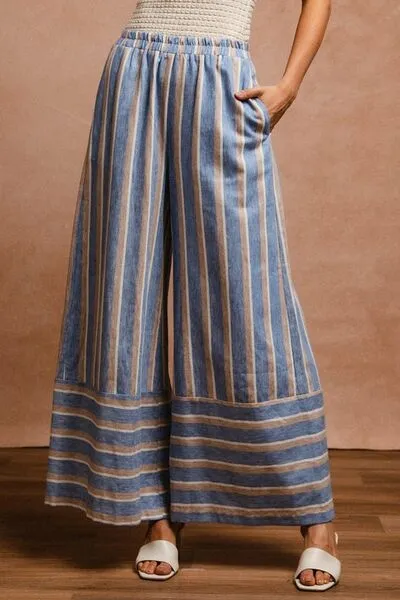 Striped Wide Leg Pants With Pocket