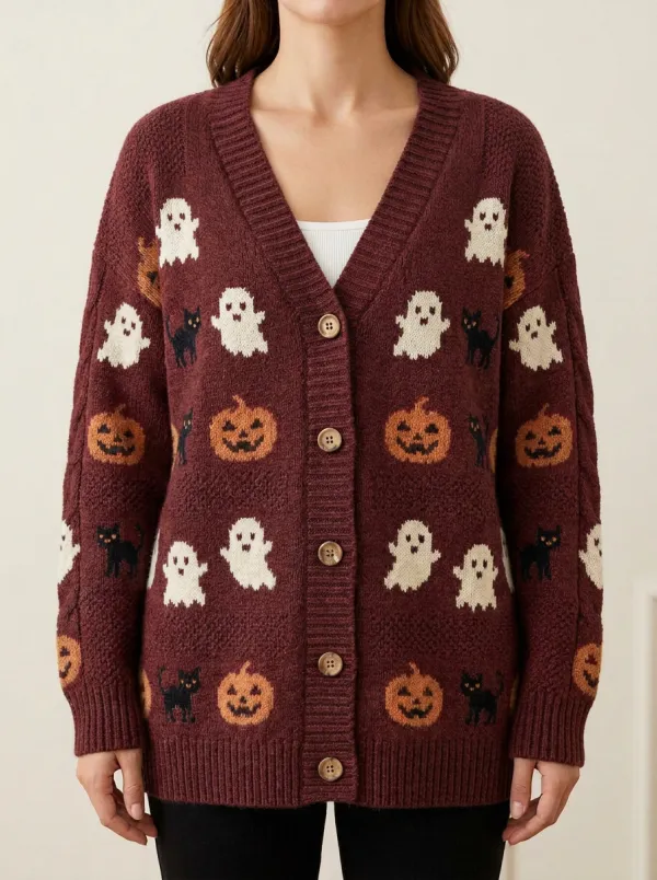 Women's Halloween Ghost Pumpkin Black Cat Patterned Cardigan