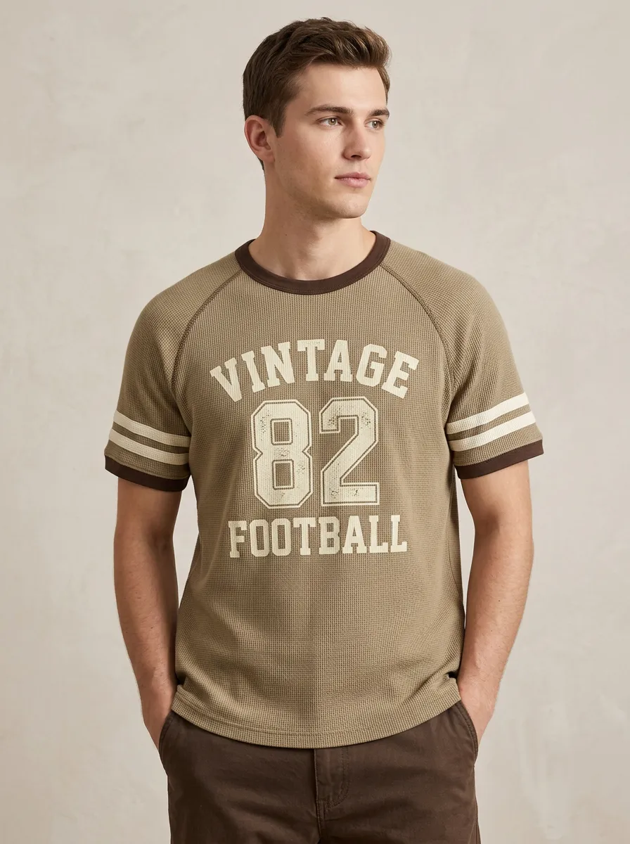 Men's Vintage 82 Football Graphic Printed Waffle T-shirt