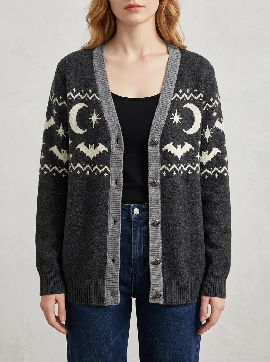Women's Halloween Gothic Moon Bat Pattern Printed Cardigan