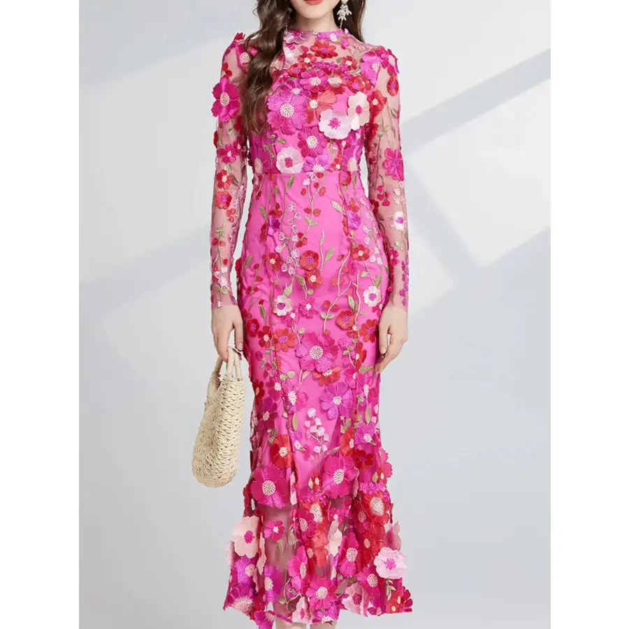 Embroidered Mesh Long Sleeve Midi Dress