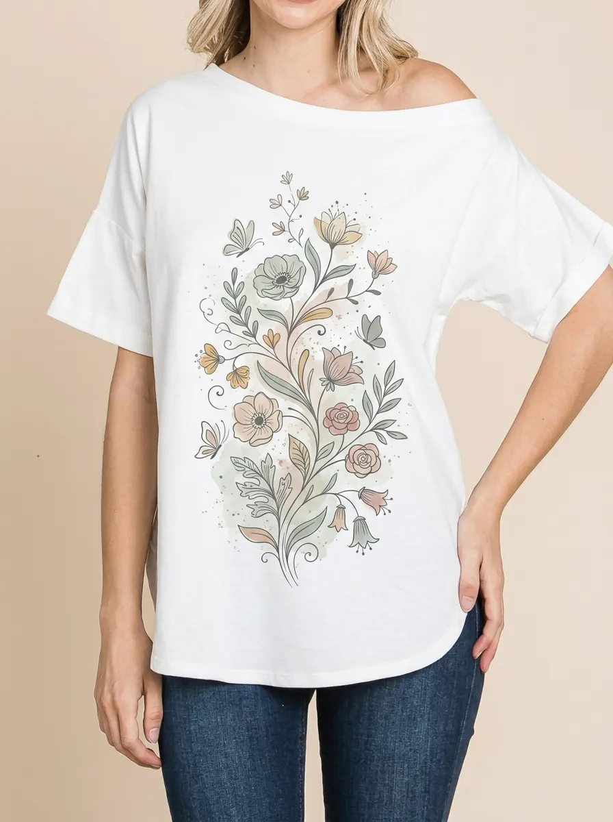 Women's Botanical Butterfly Floral Printed T-shirt