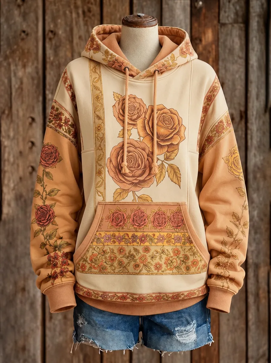Women's Western Boho Rose Floral Patchwork Printed Hoodie