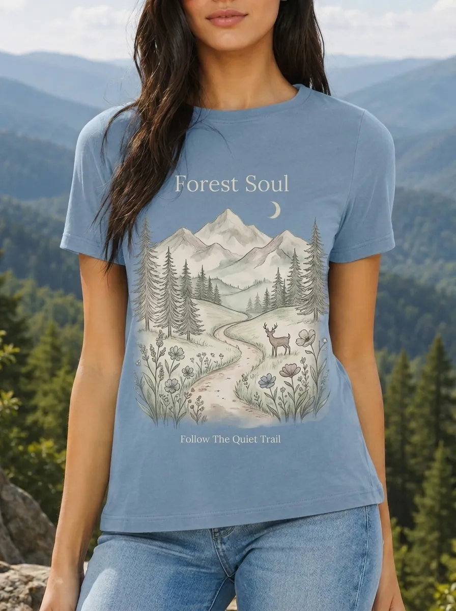 Women's Nature Lover Forest Soul Deer Mountain Printed T-shirt