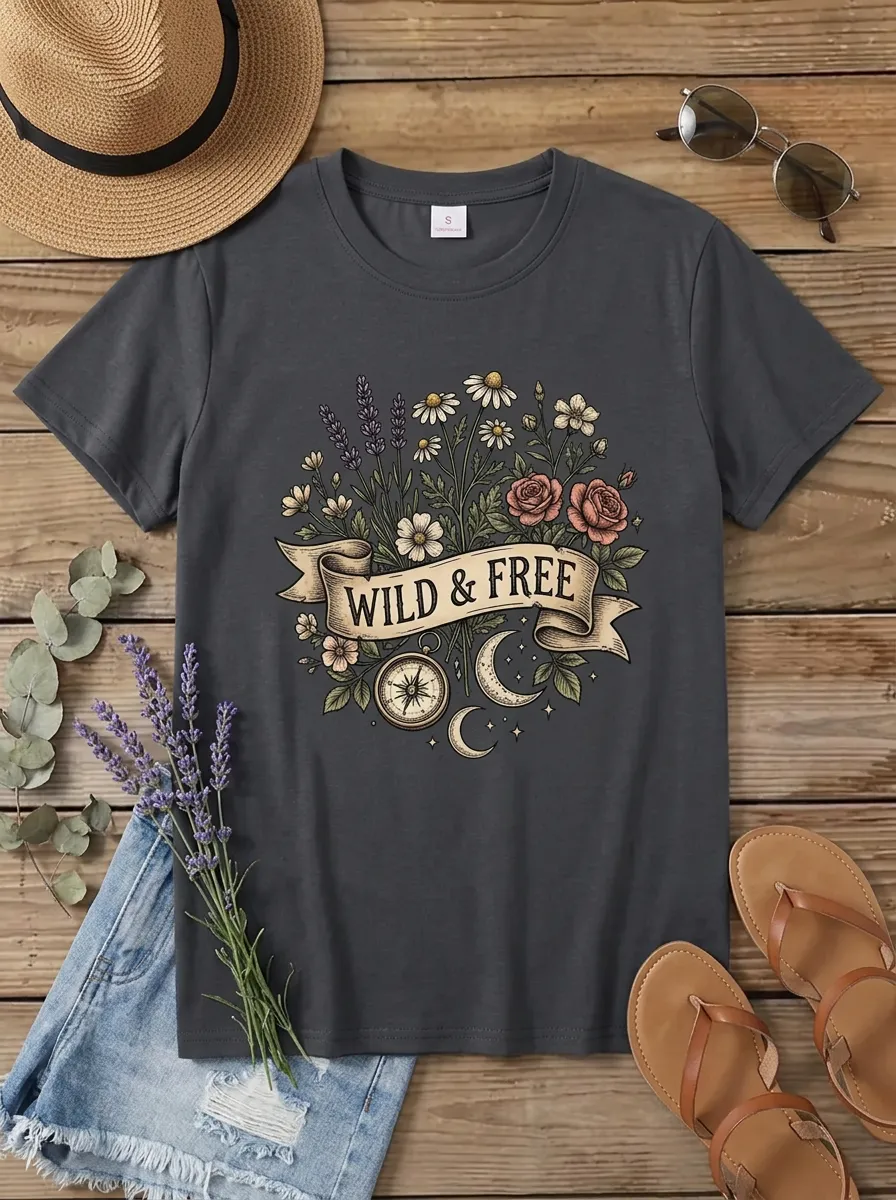 Wild And Free Floral Compass Moon T-Shirt