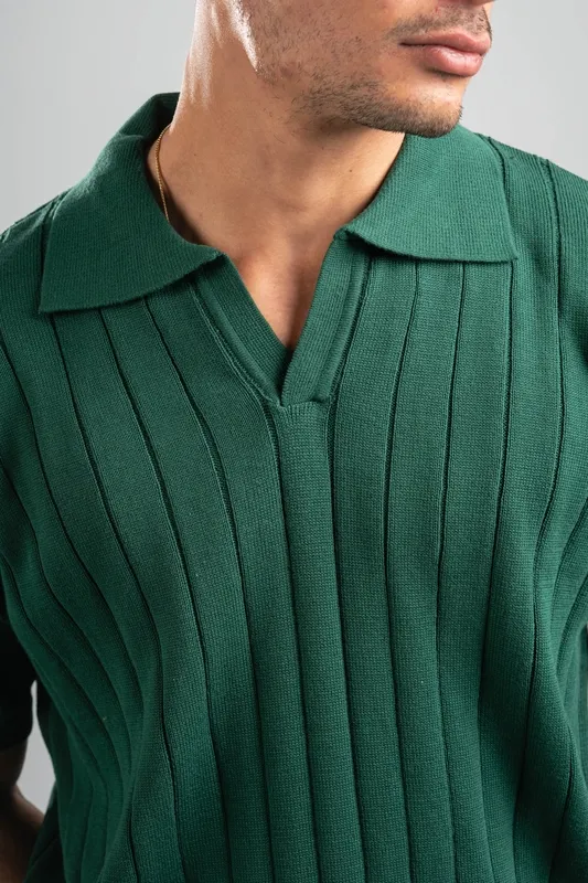 Dark Green Line Texture Knit Polo Shirt