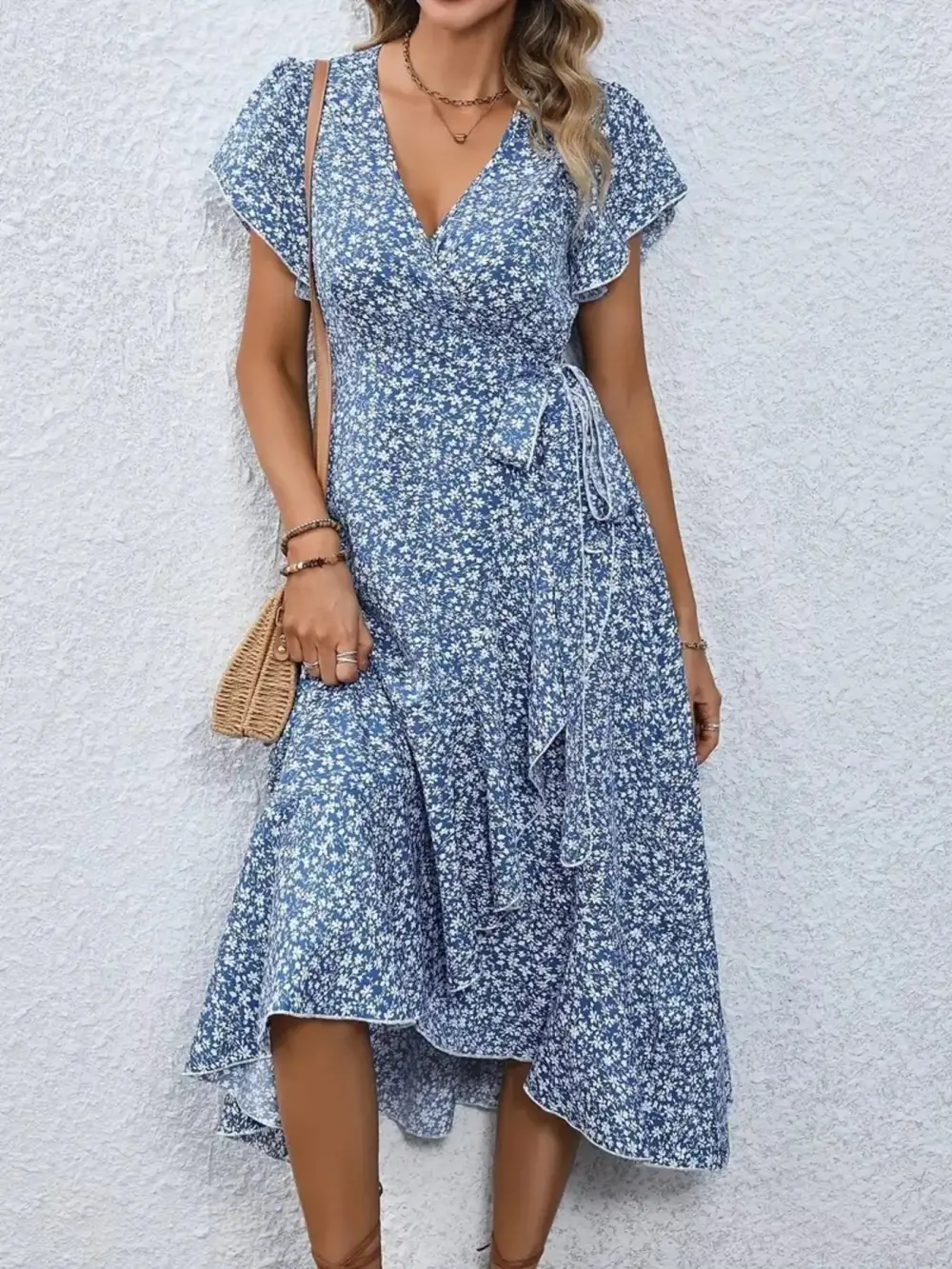Ruffle Hem Wrap Midi Dress