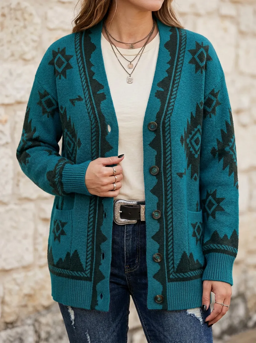 Women's Western Style Aztec Geometric Pattern Printed Cardigan Sweater
