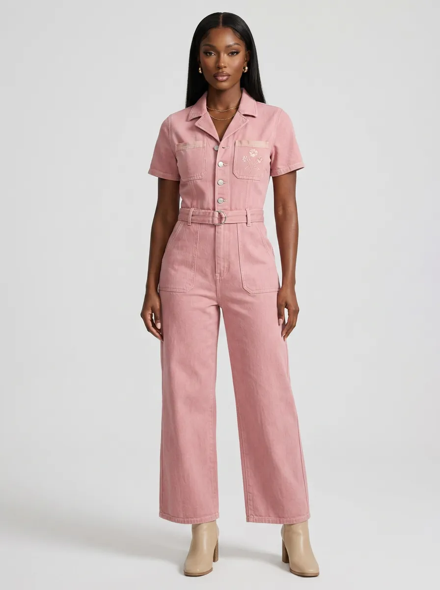 Pink Floral Embroidered Belted Denim Jumpsuit