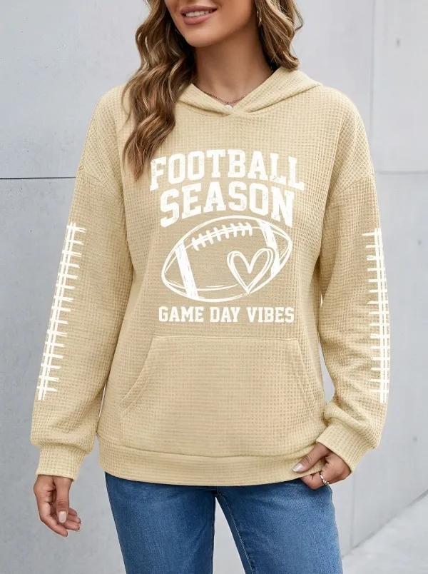 Women's Casual Football Season Heart Graphic Printed Waffle Hoodie