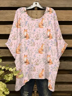 Fox Floral Woodland Women's Loose Printed T-Shirt
