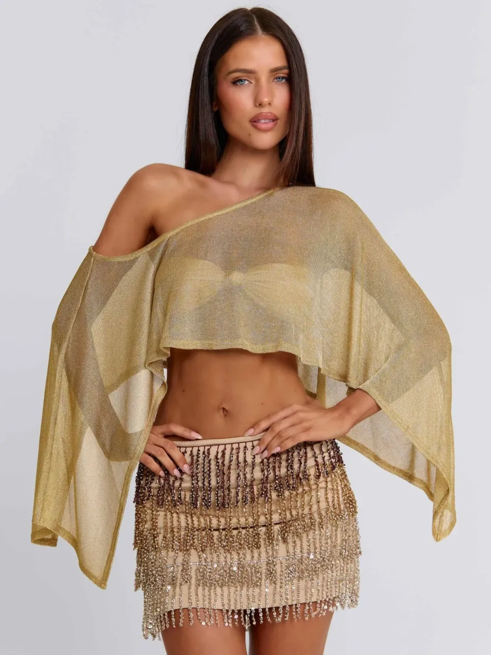 Zaria Gold Metallic Knit Fringe Two Piece Set
