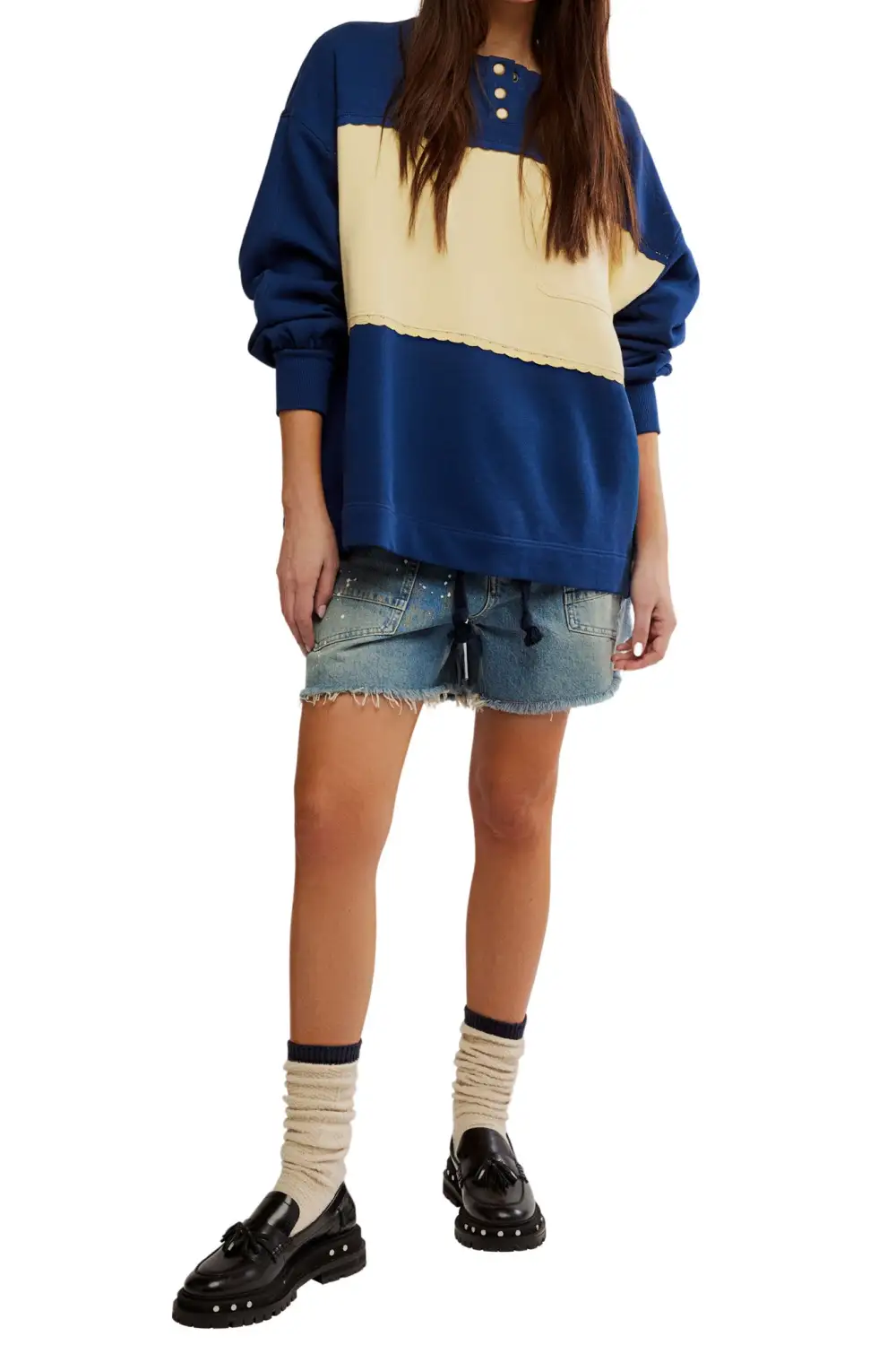 Ribbed Scalloped Oversized Relaxed Sweatshirt