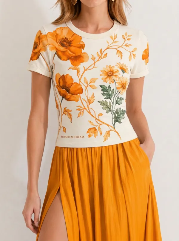 Women's Botanical Floral Blue Poppy Printed T-shirt
