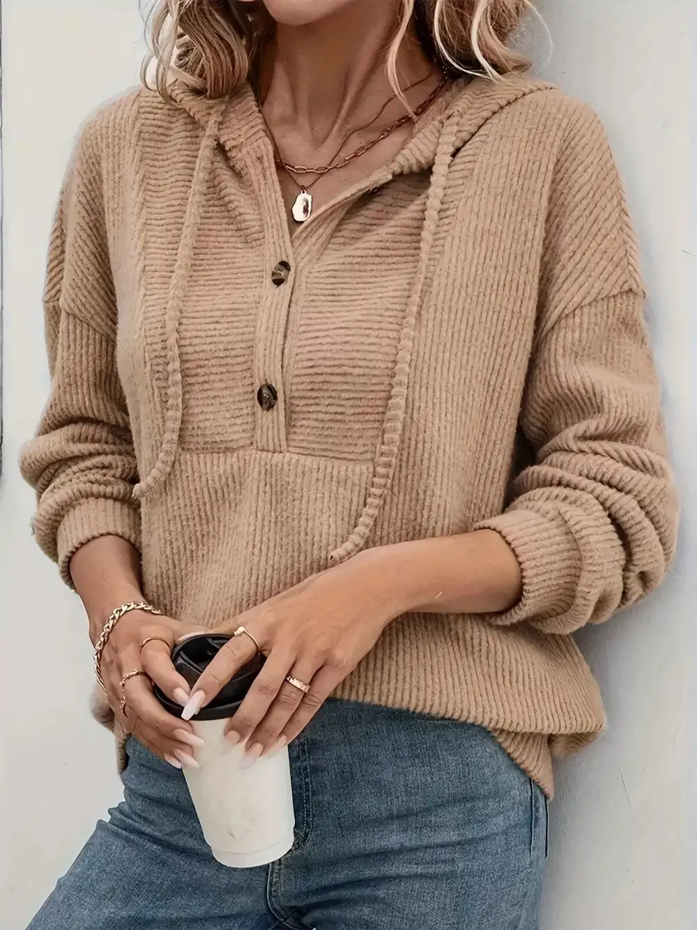 Drawstring Buttoned Pocketed Hoodie