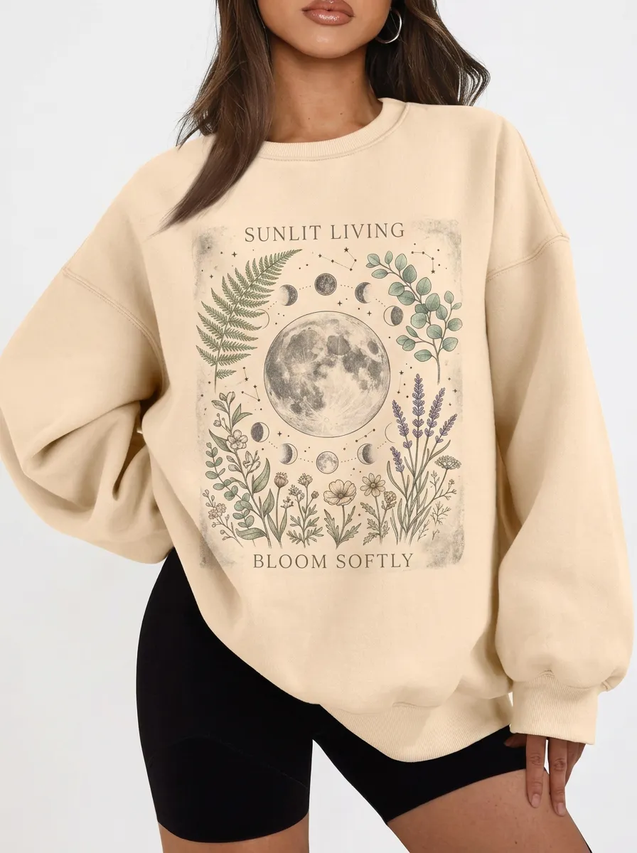 Women's Moon Phase Botanical Floral Printed Sweatshirt
