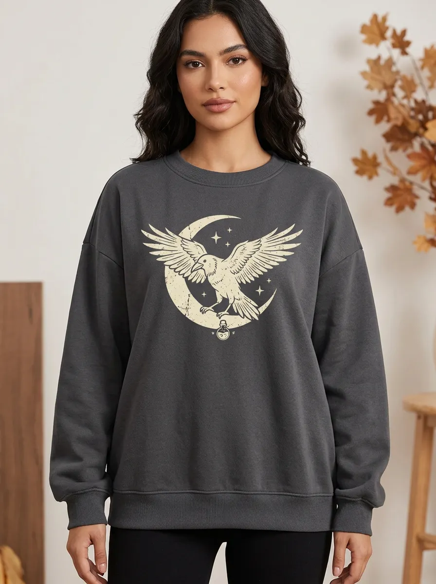 Women's Halloween Raven Moon Printed Sweatshirt