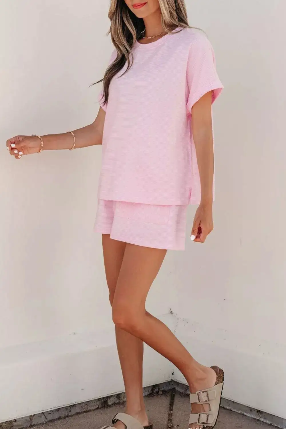 Stripe Matching Oversized Tee Drawstring Shorts Set