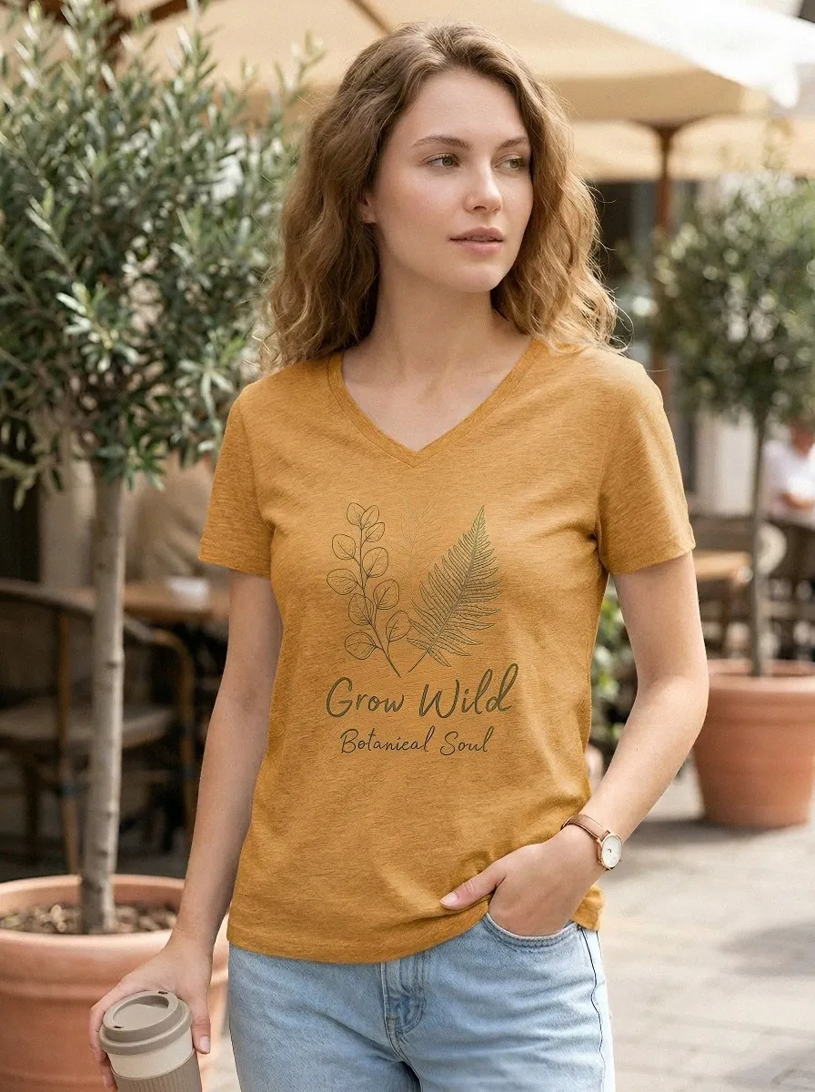 Women's Nature Lover Grow Wild Fern Botanical Printed V-Neck T-Shirt