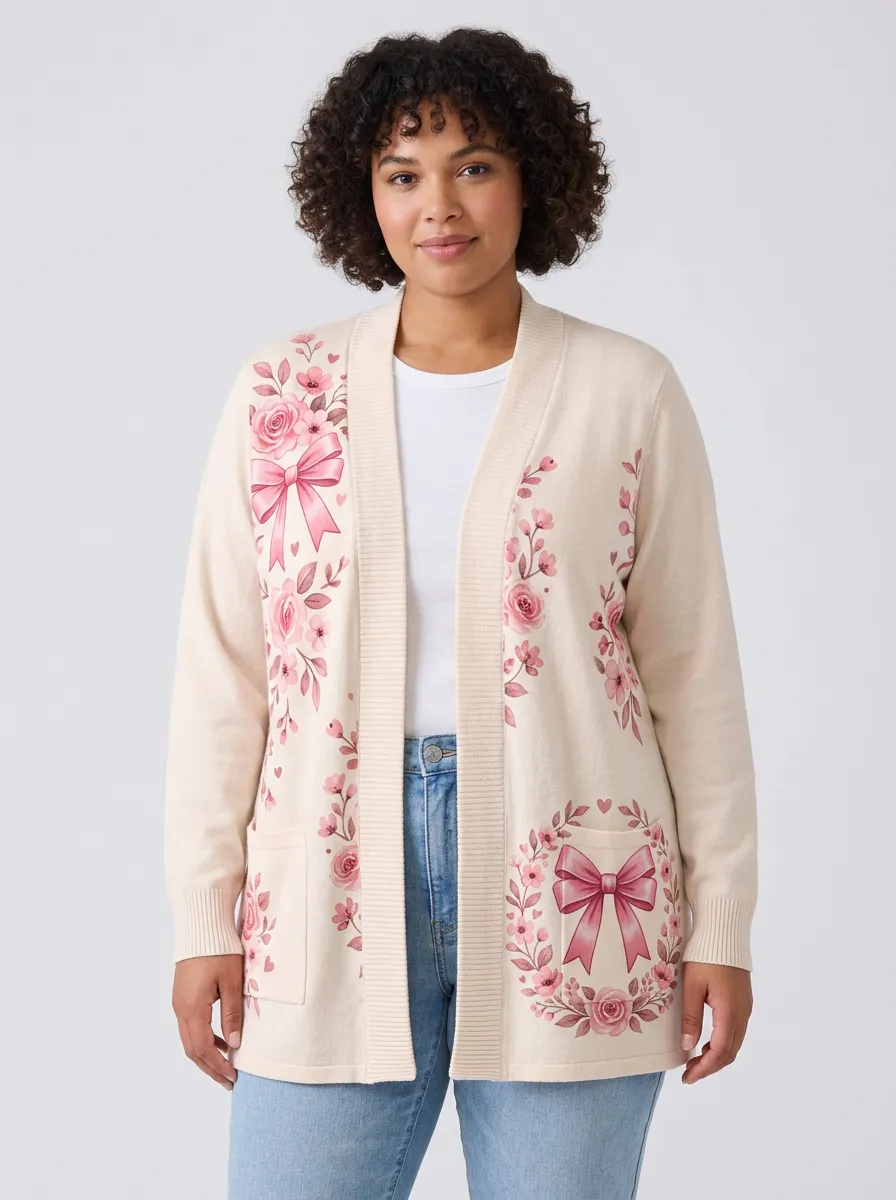 Women's Breast Cancer Awareness Pink Ribbon Floral Printed Cardigan