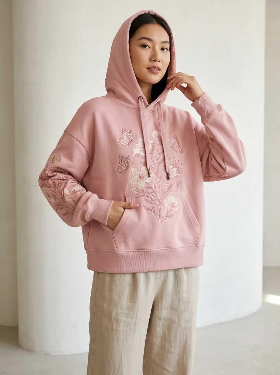Women's Pink Butterfly Floral Embroidered Printed Hoodie