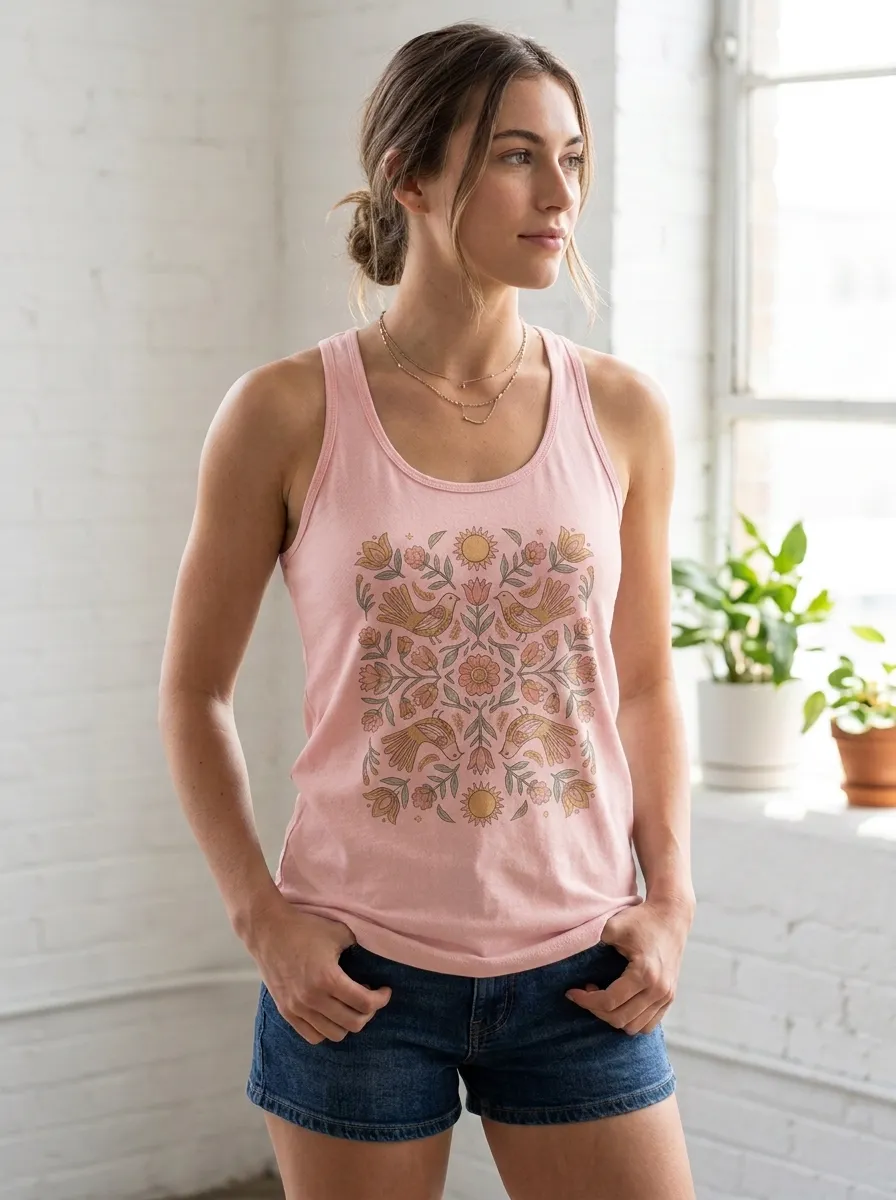 Women's Boho Nature Lover Bird and Floral Printed Tank Top