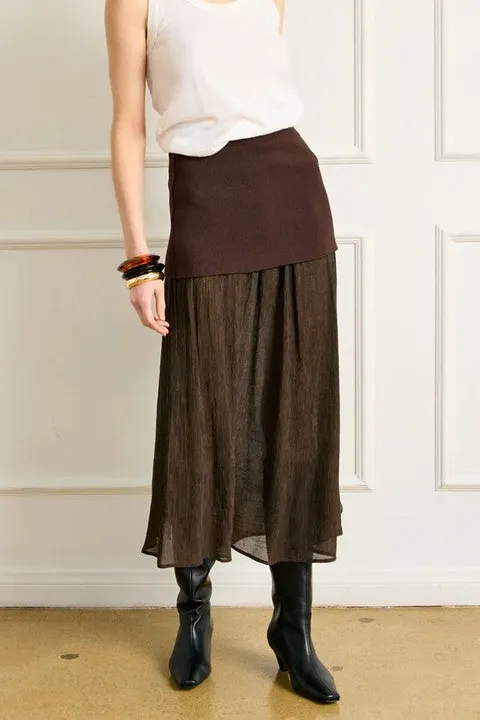 Women's Brown Two-Tier Mixed Media Midi Skirt
