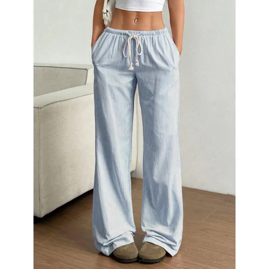 Drawstring Striped Wide Leg Pants